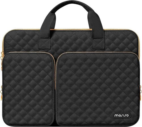 MOSISO 360 Protective Laptop Case - 16" & 15-15.6" Sleeve for MacBook Pro & More | Black Quilted Design with Pockets & Handle