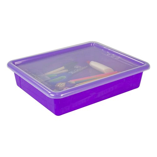 Storex Letter Size Flat Storage Tray – Organizer Bin with Non-Snap Lid for Classroom, Office and Home, Violet, 5-Pack (62540A05C)