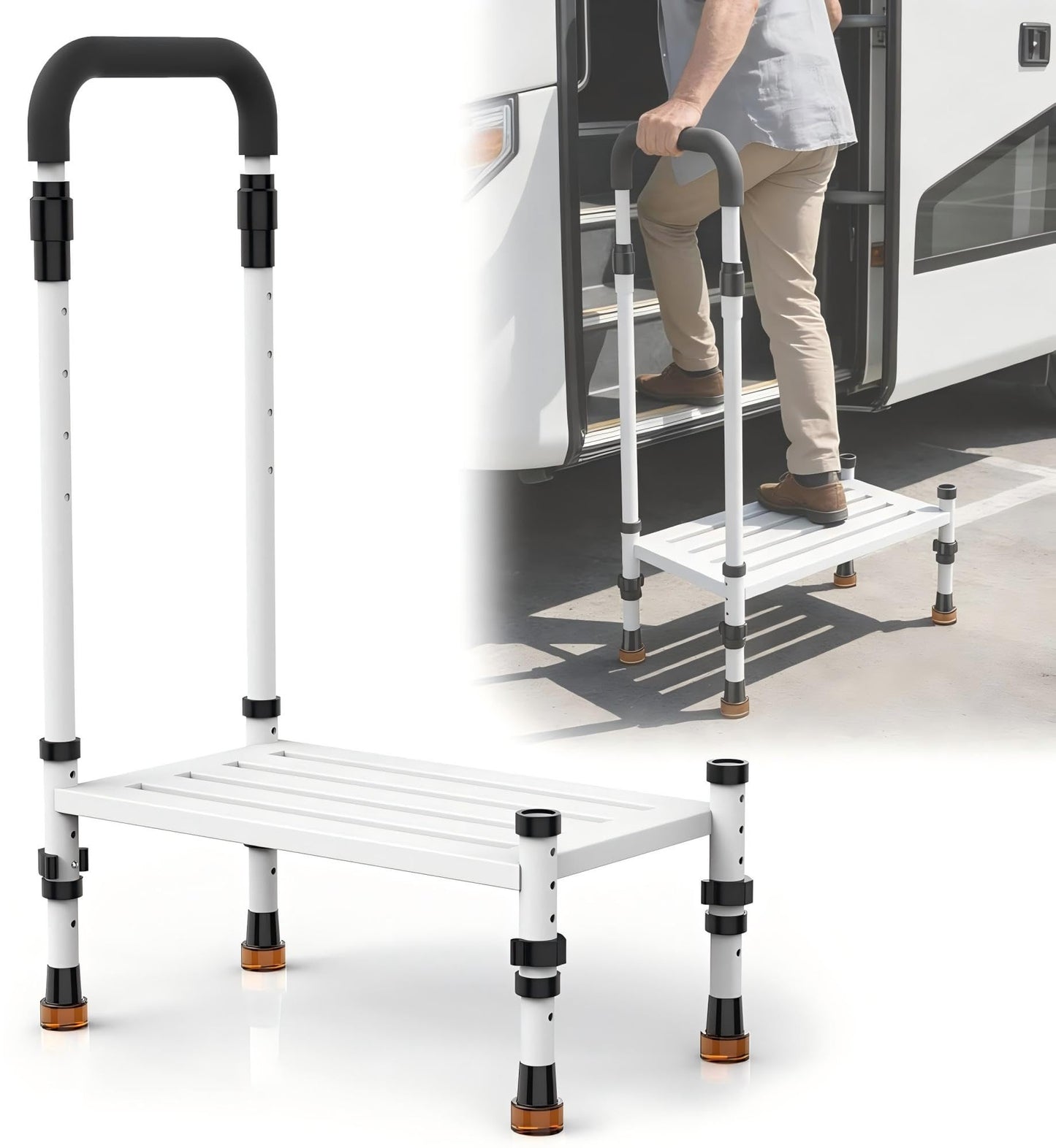 Adjustable Height Car Step Stool with Handrail for RV, SUV & Truck - 4 Legs & Handrail Height Adjustable, Heavy Duty 800 lbs Capacity, Non-Slip Safety Step Assist for Elderly, Seniors & Mobility Aid