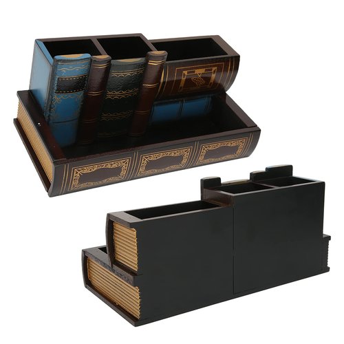 Retro Pen Holder, Vintage Fake Book Shaped Wooden Pencil Holder Desk Organizer with Drawer Wooden Pencil Cup for Home Office Study Library