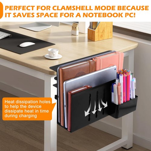 CIBOTIES Desk Side Storage, 2 Tier Steel Hanging Organizer, No Drill Side Desk Organizer, Laptop Holder, with Pen Holder, For Office Supplies & Studio Essentials Black