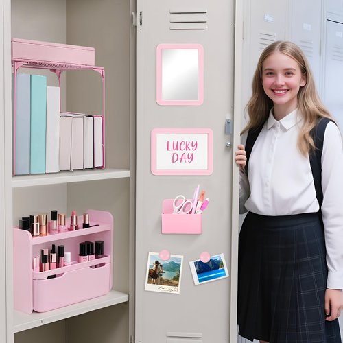Fippy Pink locker accessories kit, locker decorations for girls, cute locker set includes locker shelf, magnetic locker mirror and whiteboard, pen holder, markers and magnets