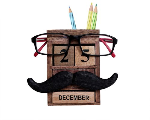storeindya Pen Pencil Stand Holder - Spectacle Eyeglass Holder Stand Multi Organizer Calendar Wooden Display Stand Mustache Handcrafted Design
