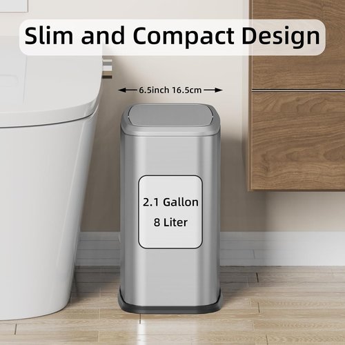 Skiennix 8L Small Bathroom Trash Can - Stainless Steel Swing-Top Waste Bin for Home & Office (Silver)
