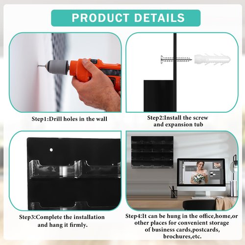 2 Pcs Acrylic Business Card Holder with Hanging Hardware Black transparent Acrylic 16 Pocket Business Vertical Organizer Wall Mount Sticker Display Rack Pre Drilled Organizing Stand for Office Home