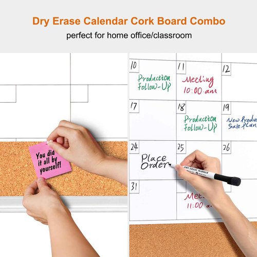 Comix Dry Erase Calendar Whiteboard Corkboard Combo, 24 * 18 inch Monthly Calendar and Bulletin Board Combination for Wall, Aluminum Frame Planner with Dry Erase Markers, Magnets, Push Pins