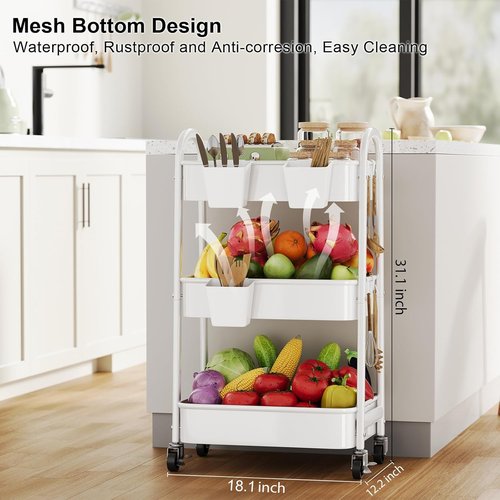 Skiennix 3-Tier Rolling Cart - Heavy-Duty Metal Organizer with Wheels for Craft, Nursery & Storage | White