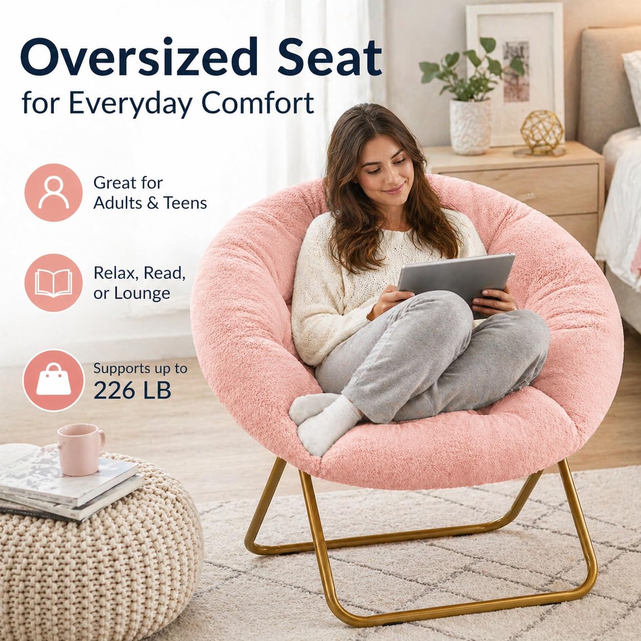 Simple Deluxe Comfy Chairs for Bedroom, Faux Fur Saucer Chair for Adults, Oversized Comfy Soft Saucer Chair, Padded Lazy Chair for Living Room Dorm Rooms, Pink