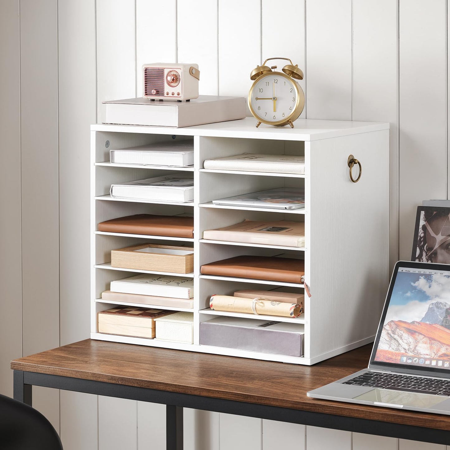 HOOBRO Literature Organizers, 12 Compartments Office Mailbox with Adjustable Shelves, Wood Countertop Literature Sorter for Office, Home, Classroom, Mailrooms Organization White WT12WF01