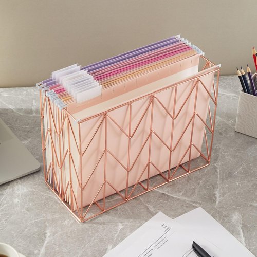 Beramon Hanging File Folder Kit Includes 1 Rose Gold Hanging File Desk Organizer and 24 Pack Hanging File Folders Letter Size with 1/5 Cut Tabs Design for School Office Home Supplies, Pink Design