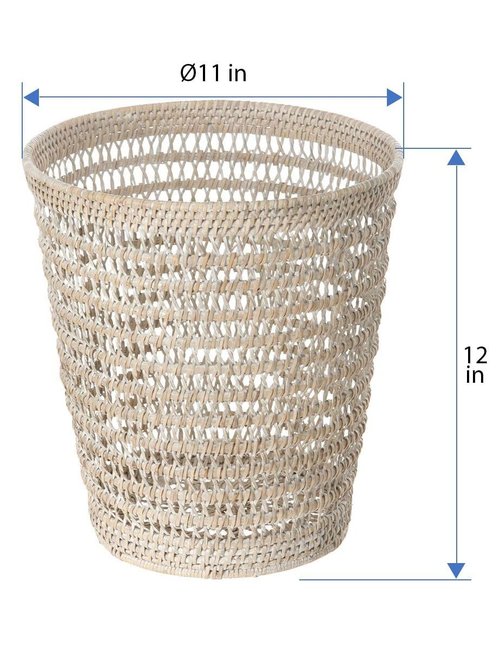 Kouboo La Jolla Rattan Mesh Waste Basket – Round Trash Can for Bathroom, Bedroom, Office – Boho Wicker, Bathroom Storage, Small Garbage Bin for Home Decor & Storage Basket, White Wash