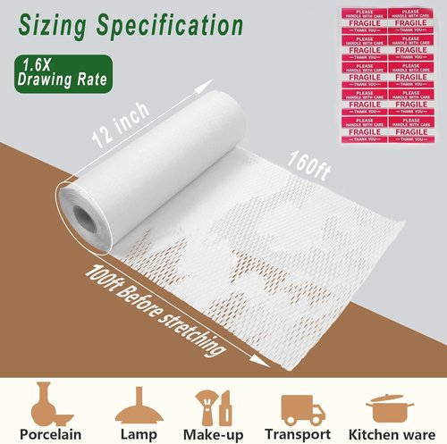 Honeycomb Packing Paper - 12" x 100' Eco-Friendly Cushioning Wrap for Moving & Shipping | Recyclable White