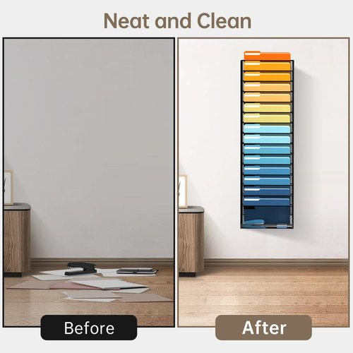JMHUD 16-Tier Hanging File Organizer Wall File Holder, Wall Organizer for Papers, Folders, Magazines, Office Organization, No Assembly Required