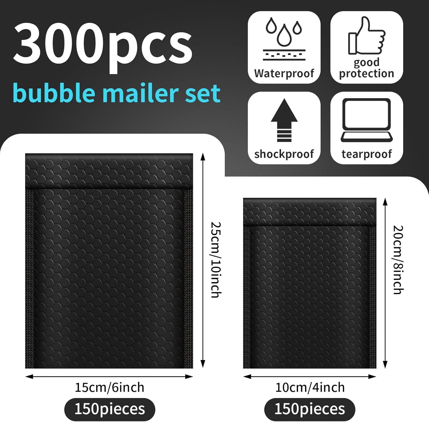Tenceur Bubble Mailers - 300 Pcs Padded Envelopes | Waterproof Shipping Bags 4x8 & 6x10 Inches (Black)