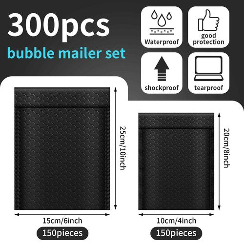 Tenceur 300 Pcs Bubble Mailers Padded Envelopes 4 x 8 Inches and 6 x 10 Inches Bubble Envelopes Strong Adhesion Packaging Bags Waterproof Shipping Bags Mailing Supplies for Small Business(Black)