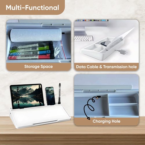 Piu home Desktop whiteboard - Glass Desk Dry Erase board with storage- Desk buddy memo board for computer monitor- EXTRA STICKERS Weekly Organizer and Ruler- work from home and office