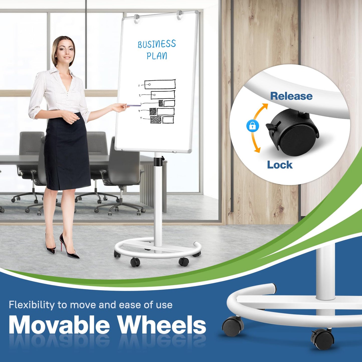 Magnetic Mobile Whiteboard, 36"x24", Height Adjustable Flip Chart Easel