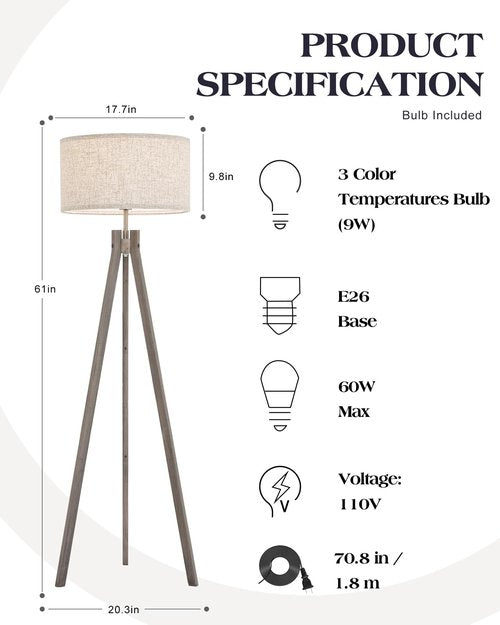 ELYONA Farmhouse Wood Tripod Floor Lamp, Modern Reading Standing Lamp with 3 Color Temperatures LED Blub & Nature Linen Shade, Night Light for Living Room, Bedroom, Study Room, Office, Grey