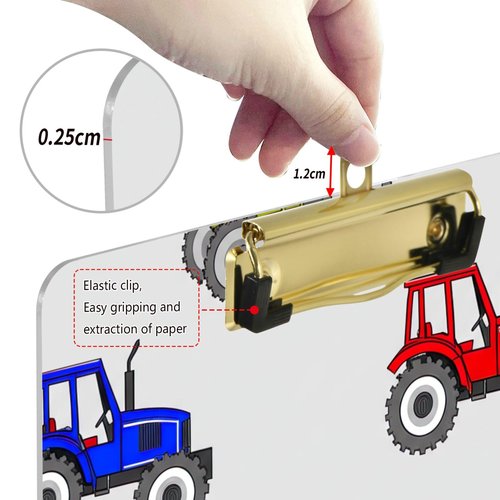 Tractor Print Farm Vehicle Colorful Acrylic Clipboard Student Clipboards 12" x 9" Kids Clinical Clip Boards Art Office Nursing School Gold