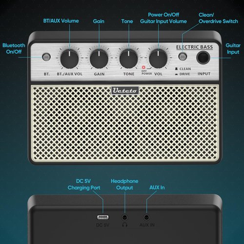 Ueteto 10W Mini Bass Amp, Portable and Rechargeable Bass Guitar Practice Amplifier with Clean and Drive Channels