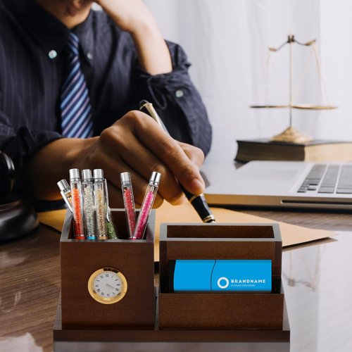 Watersay Wood Business Card Holders with Clock Pen Holder, Lawyers Gifts for Men and Women, Desk Organizer for Attorney Lawyers Professionals