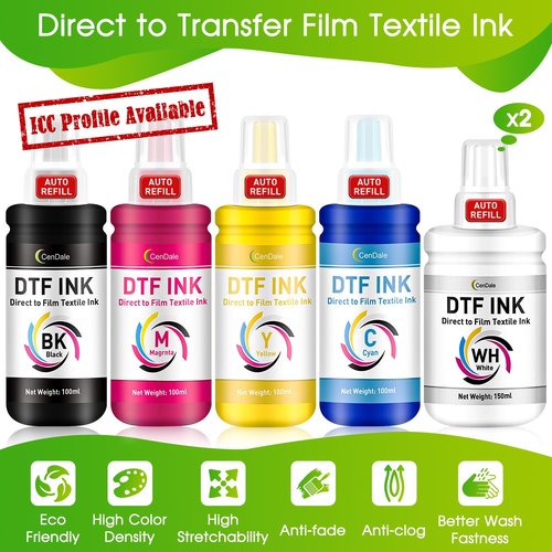 CenDale Upgraded Auto-Fill DTF Ink - 700ML DTF Transfer Ink for Epson ET-8550 ET-8500 Printers, Heat Transfer Printing Ink Set 100ml x 4 CMYK, 150 x 2 White (Anti-UV/ICC-Free)