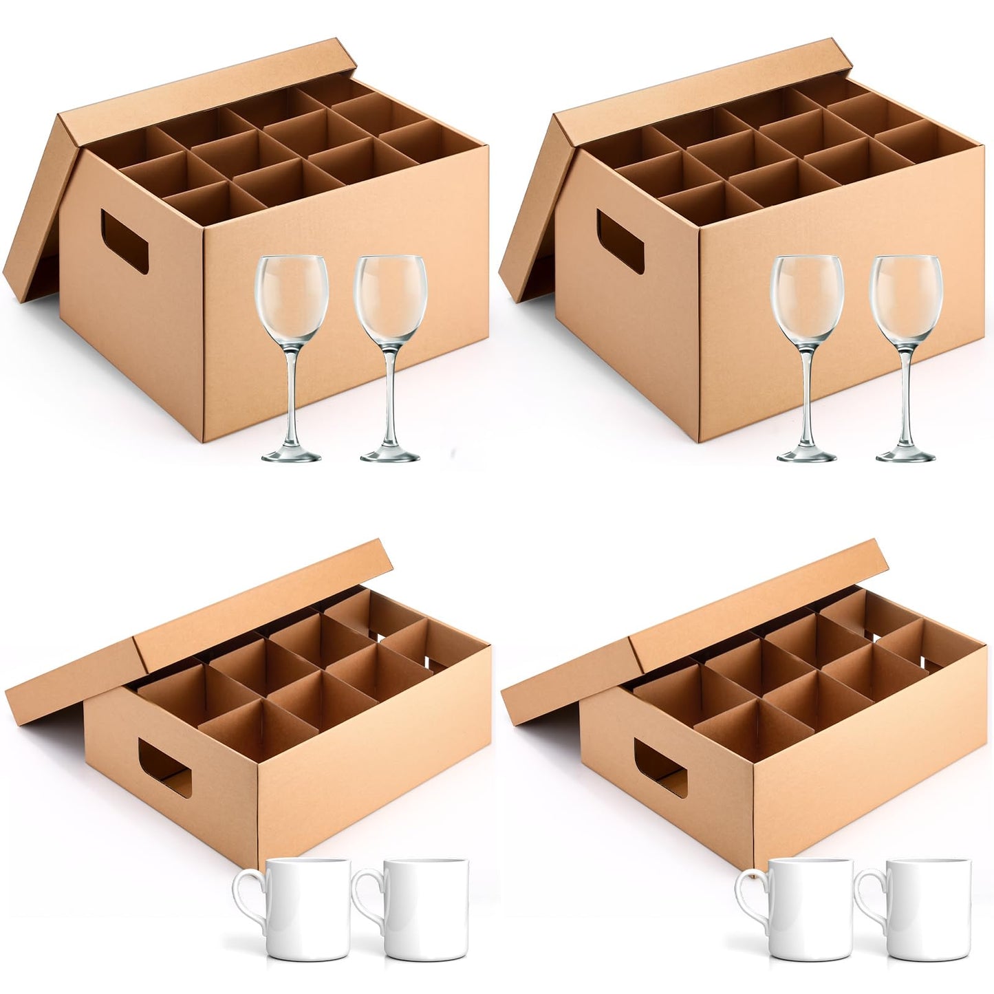 MotiMind 4 Pack Wine Glass Mug Moving Boxes with Divider Kits Included 2 Wine Glass 15 x 12 x 10 Inch and 2 Mug 17 x 13 x 6 Inch Kitchen Moving Boxes with Handle Packing Box for Dish Glassware