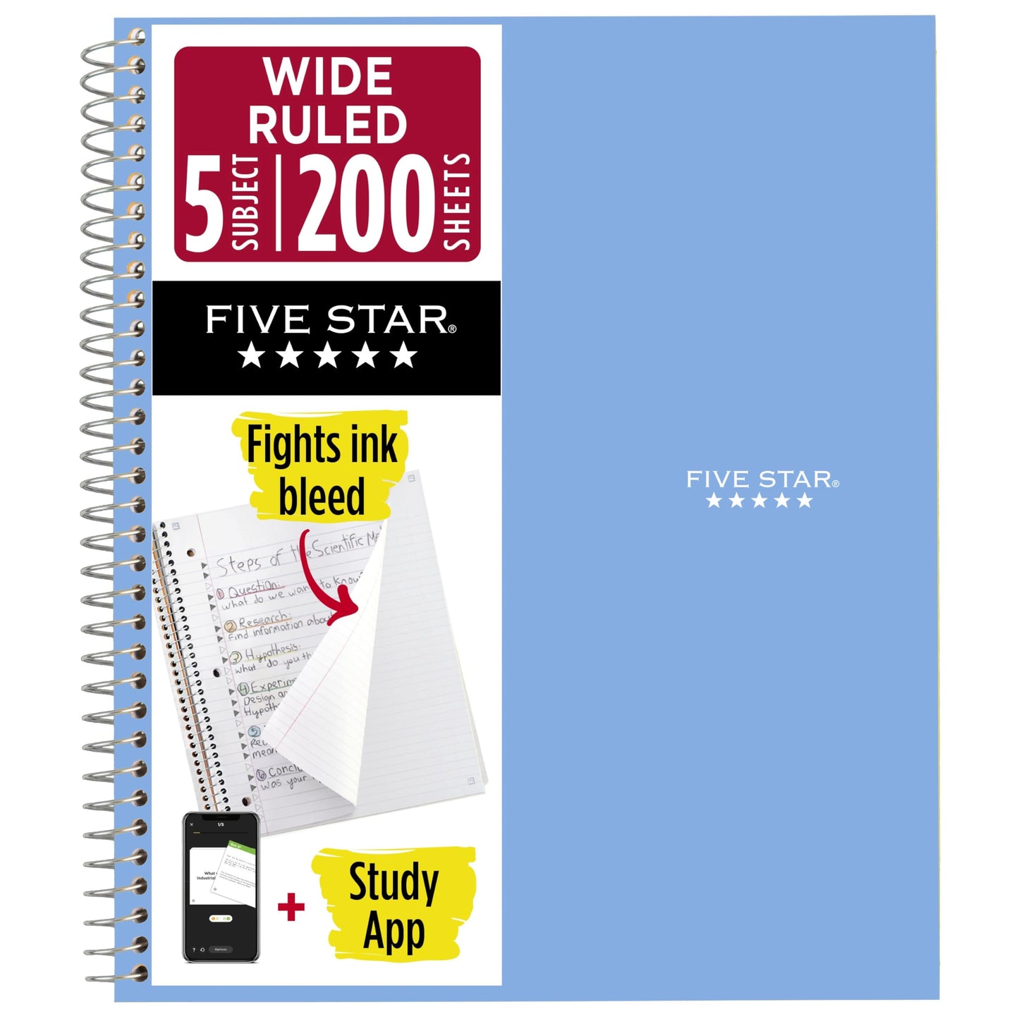 Five Star Spiral Notebook + Study App, 5 Subject, Wide Ruled Paper, 8" x 10-1/2", 200 Sheets, Fights Ink Bleed, Water Resistant Cover, Tidewater Blue (73196)