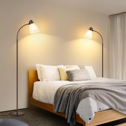 Coucrek Floor Lamp for Living Room, Adjustable Gooseneck Standing Lamp with White Plastic Shade, Brown Reading Floor Lamps for Dorm, Bulb not Included