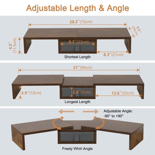 TEAMIX 3 Shelf Monitor Stand Riser With Drawer - Length and Angle Adjustable Dual Riser With Storage Corner Desk Shelf Organizer Large Computer Stand for 2 Monitors/Laptop (Brown, 1 Drawer)