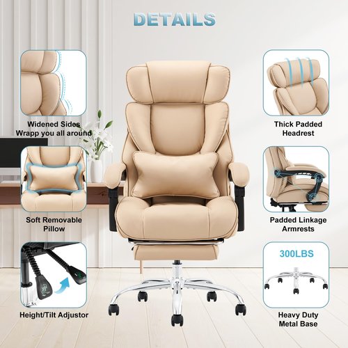 COLAMY Office Chair with Footrest, Ergonomic High Back Design Executive Computer Desk Chair with Removable Lumbar Pillow, 90-135°Reclining, Thick Bonded Leather for Home Office Work Comfort, Khaki