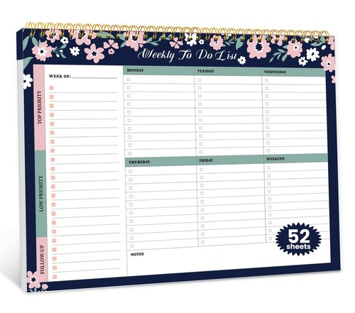 Weekly To Do List Notepad with 52 Undated Sheets（8.5"×11"）- Undated Weekly Planner Notepad for Office Desk Accessories and Supplies - Navy Blossom