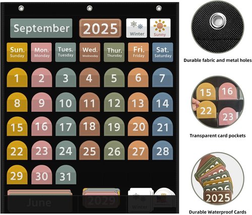 Regeleto Large Boho Calendar Pocket Chart - 96 Cards for Classroom Learning | 32.25 x 24.125 Inch Black Design