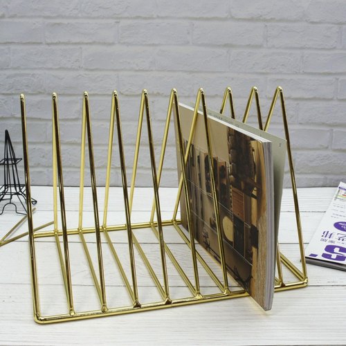 MIAO YUAN 2 PCS Desktop Triangle Book Magazine Holder, Iron Metal Book Stand File Organizer Folder Holder for Office, 9 Slots Gold Classified Storage Rack, Record Display Rack for Home Decoration