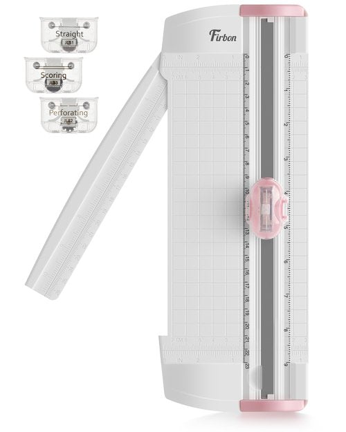 Firbon 3-in-1 Paper Cutter, 9" Compact A5 Paper Trimmer with Straight Cut, Scoring & Perforating Blades for Cardstock, Scrapbooking, Crafting, Labels & Home Office (Pink)