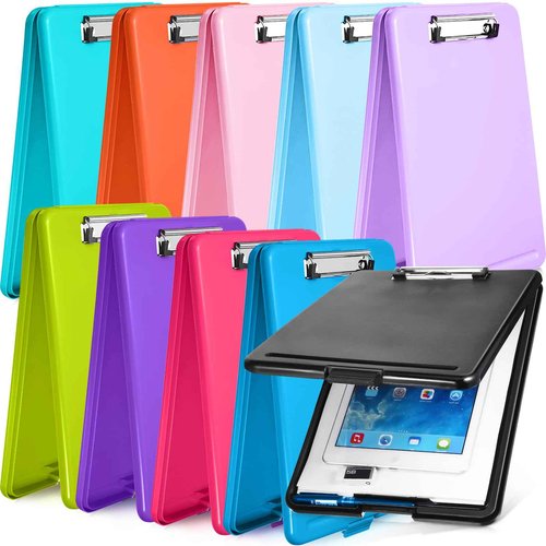 10 Pieces Clipboard with Storage Plastic Storage Clipboard Nursing Clip Board Foldable Clip Board with Low Profile Clip for Home Office School, Size 9.5 x 13.5 Inch(Bright Color)