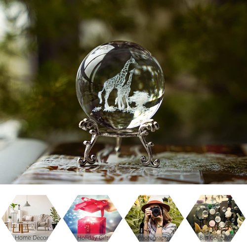 HDCRYSTALGIFTS 60mm 3D Laser Engraved Mom and Baby Giraffes Crystal Ball Paperweight Art Glass Animals Figurine Collectibles Glass Decorative Full Sphere with Stand Giraffe Gifts