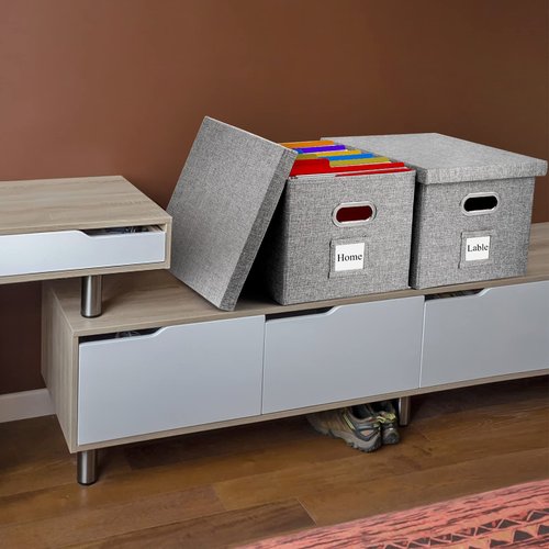Hedume Set of 2 File Organizer Box, Collapsible Linen Filing Cabinets, Decorative Linen Filing Storage Hanging File Folders with Lids and Durable MDF Board, Space Saving File Folder Storage