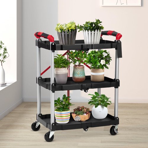 Foldable Utility Service Cart, 3 Shelf 168LBS Heavy Duty Plastic Rolling Cart with 360° Swivel Wheels (2 with Brakes), Ergonomic Handle, Portable Garage Tool Cart for Warehouse Office Home, Black