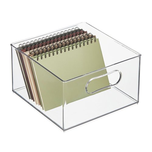 mDesign Deep Plastic Stackable Storage Organizer Container Bin, Office Organization for Filing Cabinet, Cupboard, Shelves, and Desk - Holds Notepads, Pens, Pencils - Ligne Collection, 6 Pack, Clear