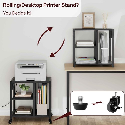 IDEALHOUSE Under Desk Printer Stand with Power Outlets and USB Charging Ports, Desktop Printer Table with Storage Shelf, 4 Tier Mobile Printer Stand with Wheels for Home Office, Rustic Black