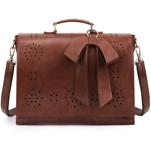 ECOSUSI Women's Briefcase Vegan Leather 15.6 inch Laptop Bag for Work Computer Shoulder Satchel Bag with Detachable Bow, Coffee
