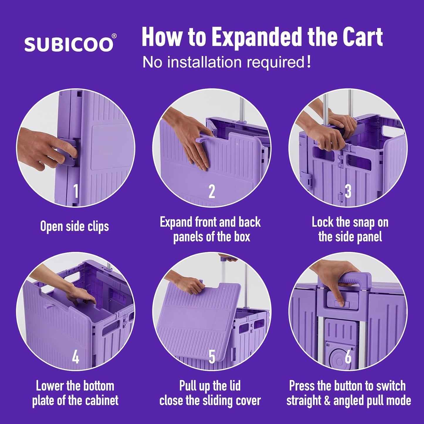 Skiennix Folding Utility Cart - Portable Rolling Handcart with Lid & 4 Swivel Wheels | Purple