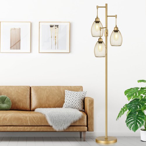 Dimmable Industrial Floor Lamps for Living Room, Gold Tree Standing Tall Lamps with 3 Elegant Teardrop Cage Head & 800 Lumens LED Bulbs for Bedroom Office