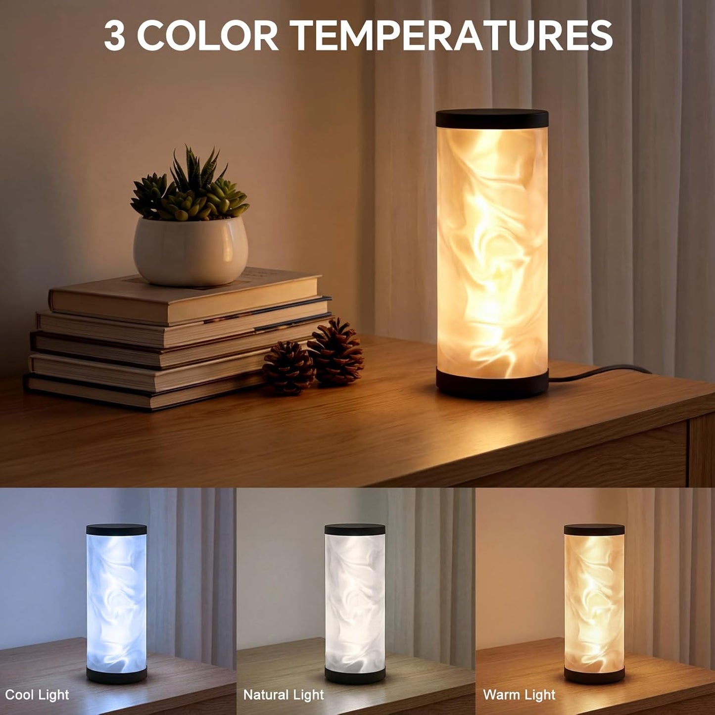 WORLD WIN Prism Glow Table Lamp - Dimmable USB Control Bedside Light | 3 Color Temperatures, Modern Design (Water Ripple, Black)