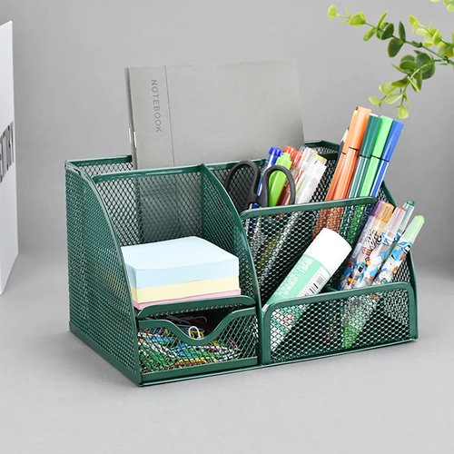 VANRA Office Supply Caddy Metal Mesh Desktop Supplies Organizer School Supply Holder Stuff Storage Organizer 6 Compartments with Drawer (Olive Green)