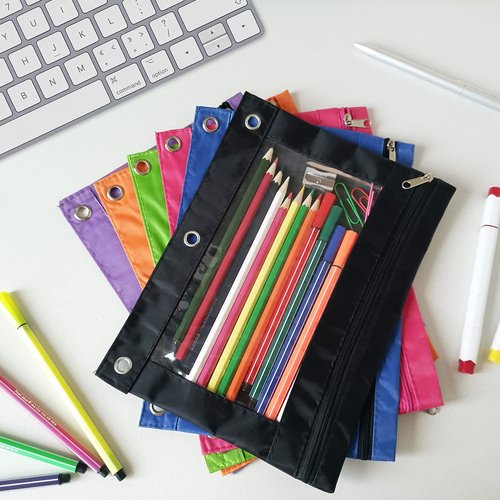YoeeJob Pencil Pouch for 3 Ring Binder, Binder Pouches with Zipper Bulk, Pen Holder Case with Clear Window School Class Office Organizers, 24 Pack, Black