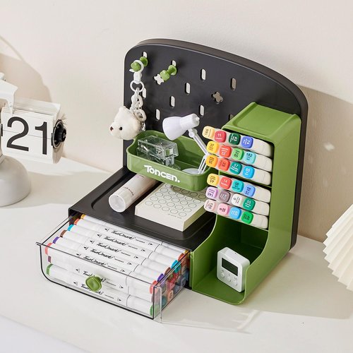 UFORU Desk Organizer with Drawers, Wall-Mounted Storage Panel with Hooks Shelves, Space-Saving Multi-Purpose Pen Holder for Home Office, Kitchen, Workshop (Greener)
