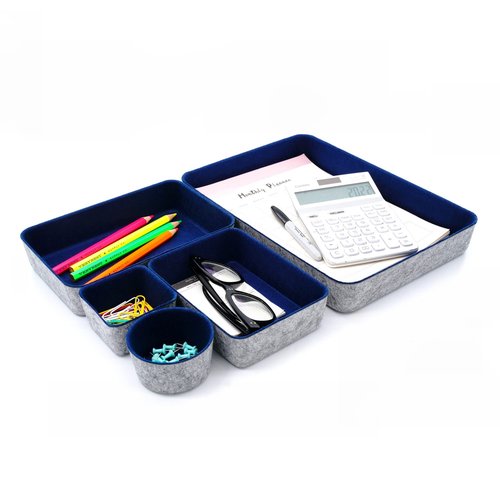 Welaxy Office Desk Drawer Organizer Trays felt Storage bins Paper Letter trays Document File Papers Magazines Sorter Organizing box round 5 piece(Navy )