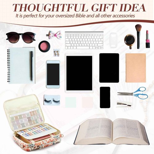 Sinload Extra Large Bible Cover Case Christian Bible Gift for Women 12.8 x 10.5" Chenille Letter PU Leather Bible Bag with Shoulder 5 Bible Tabs 6 Gel Pen 12 Highlighters Xmas Bible Study Supplies